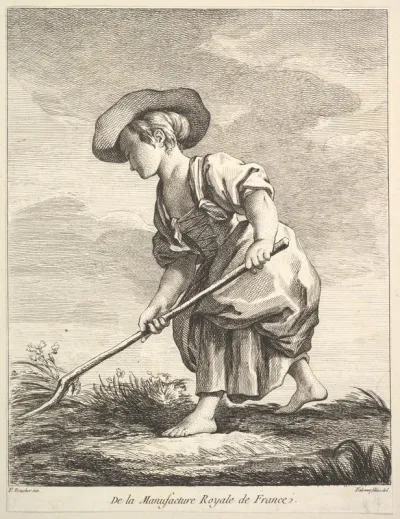 Little girl doing farm work, from "Premier Livre de Figures d'après les porcelaines de la Manufacture Royale de France, inventées en 1757, par Mr. Boucher" (First Book of Figures after porcelains from the Manufacture Royale de France, devised in 1757