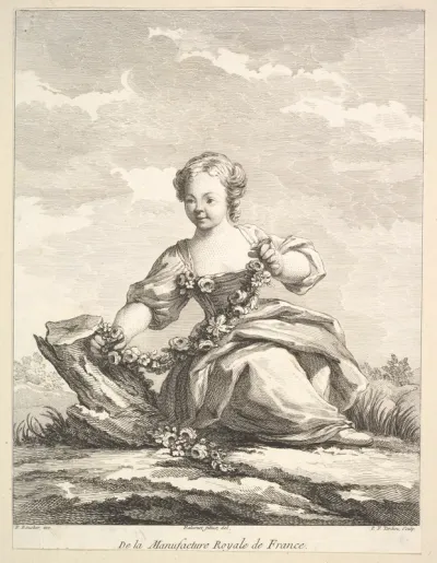Little girl holding a garland of flowers, from "Deuxième Livre de Figures d'après les porcelaines de la Manufacture Royale de France" (Second Book of Figures after porcelains from the Manufacture Royale de France)