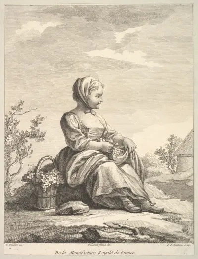 Little girl holding grapes with a basket of them by her side, from "Deuxième Livre de Figures d'après les porcelaines de la Manufacture Royale de France" (Second Book of Figures after porcelains from the Manufacture Royale de France)