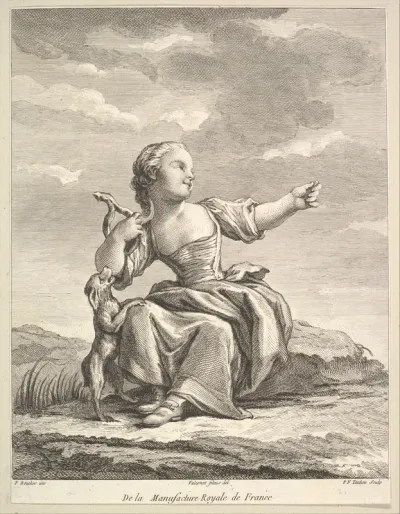 Little girl playing with a dog, from "Deuxième Livre de Figures d'après les porcelaines de la Manufacture Royale de France" (Second Book of Figures after porcelains from the Manufacture Royale de France)