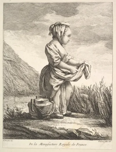 Little girl with a vessel by her feet, from "Premier Livre de Figures d'après les porcelaines de la Manufacture Royale de France, inventées en 1757, par Mr. Boucher" (First Book of Figures after porcelains from the Manufacture Royale de France, devis