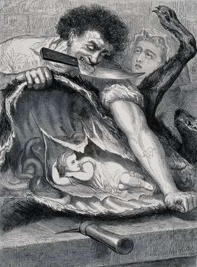 Little Red Riding Hood: a man with a knife in between his teeth is tearing open the entrails of a wolf, inside which Little Red Riding Hood is reclining; a woman crying in the background