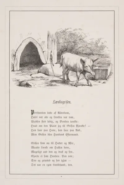 Lænkegrisen. Illustration til H.V. Kaalund, "Fabler for Børn"