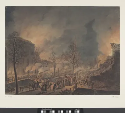 Lodewijk Napoleon bezoekt de ruïnes op het Rapenburg te Leiden na de ontploffing van het kruitschip op 12 januari 1807