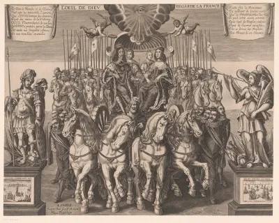 Lodewijk XIII en Anna van Oostenrijk samen met de dauphin en de hertog van Anjou in een koets getrokken door vier paarden
