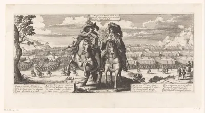 Lodewijk XIII en Gaston Jean Baptiste, hertog van Orléans te paard met op achtergrond de troepen in gelid