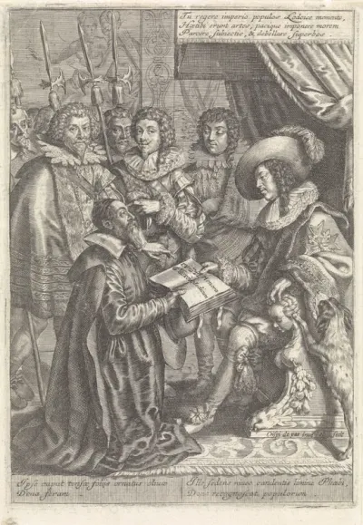 Lodewijk XIII ontvangt een boek van Johannes Riolanus