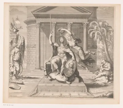 Lodewijk XIV gekroond door Victorie, in zijn hand een portret van kardinaal Mazarin