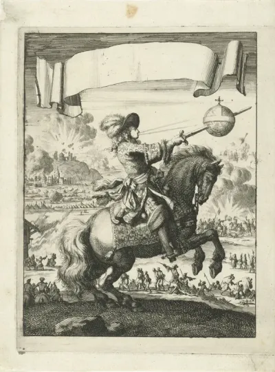 Lodewijk XIV spietst te paard een aardbol aan zijn zwaard