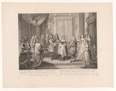 Lodewijk XIV van Frankrijk decoreert de hertog van Bourgogne met het blauwe lint van de Orde van de Heilige Geest