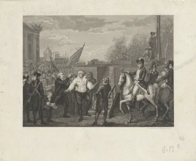Lodewijk XVI betreedt de trap naar de guillotine