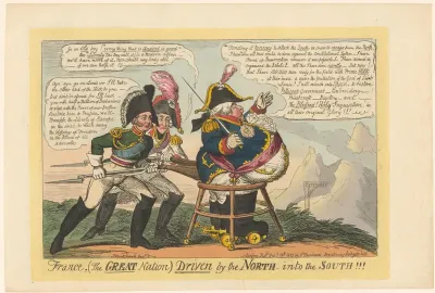 Lodewijk XVIII wordt op rolschaatsen door Alexander I van Rusland en keizer Frans II richting de Pyreneeën geduwd