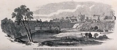 London, Ontario: a steam train travelling on a bridge over the Thames River towards the town