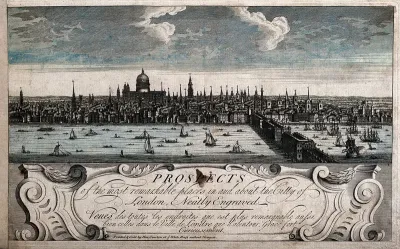 London: the river Thames and the buildings of the City, looking northwards beside London Bridge