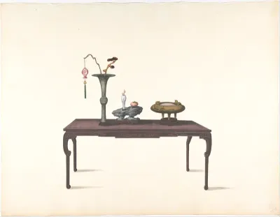 Long Dark Table with Decorative Objects