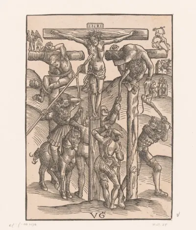 Longinus steekt Christus met zijn speer en de ledematen van de misdadigers worden gebroken