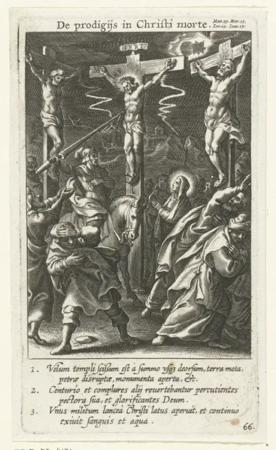 Longinus steekt zijn lans in de zij van de dode Christus aan het kruis