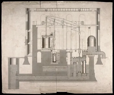 Longitudinal section of the Boulton & Watt engine erected at the East London Water Works, Old Ford / Thomas Wicksteed ; G