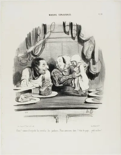 “Look! See how his eyes are on the saveloys and the ham.... it seems we like Papa's job?..... my little piglet!,” plate 51 from Moeurs Conjugales