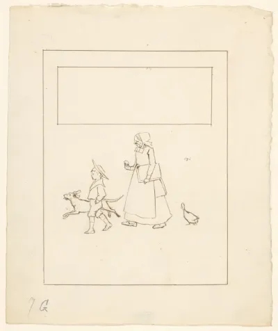 Lopende jongen, hond, vrouw en gans