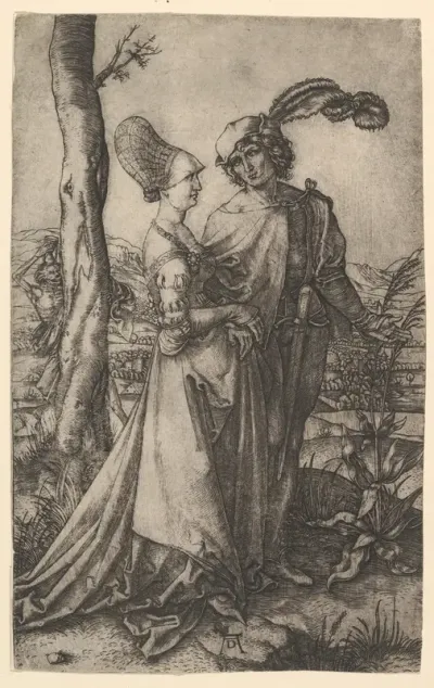 Lord and lady walking with figure of death hiding behind a tree, holding an hourglass, The Promenade after Dürer