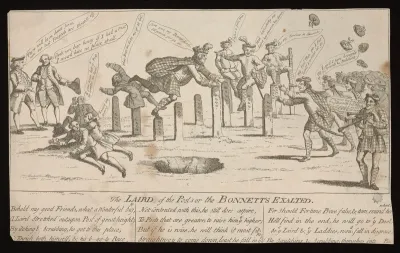 Lord Bute in Highland dress jumps over numbered stone posts beside an open pit