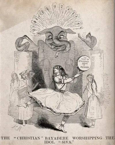 Lord Ellenborough as a dancing girl in a Hindu temple; representing press allegations that, as Governor-General of India, he favoured Hinduism over Islam in his policy towards the gates of the temple at Somnath
