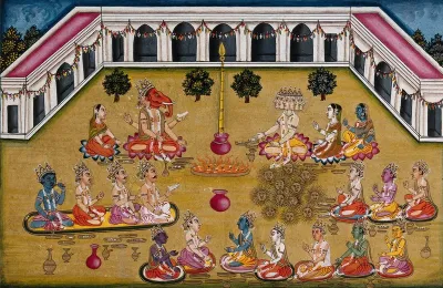 Lord Ganesh and Skanda (?) sit across a sacrificial fire, with a long flame coming out of a pink pot watched by seventeen other deities