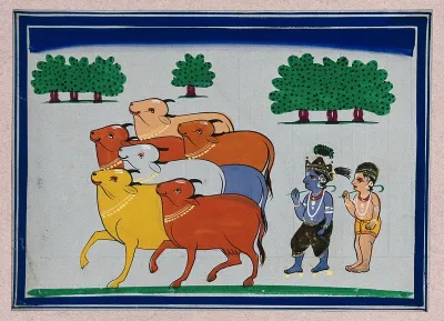 Lord Krishna as a cowherd, attending to the cows