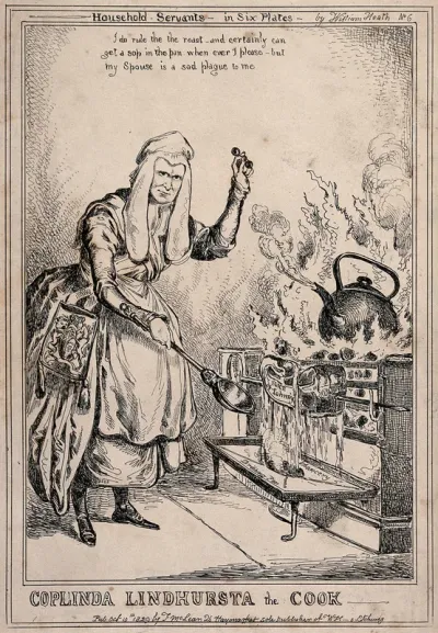 Lord Lyndhurst, as a cook with a large ladle in his hand, is roasting beef on the spit as a large kettle boils