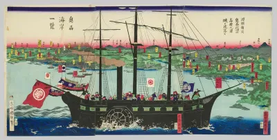 Lord Minamoto Yoritomo Captures Takadate Castle in His Conquest of Mutsu Province (Minamoto Yoritomo ko Oshu seibatsu Takadachi no shojo o koraku su), and View of the Coast of Mutsu Province (Oshu kaigan ichiran)