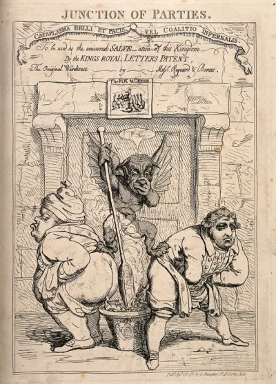 Lord North and Fox excreting into a pan bearing the Royal Arms, a little devil is mixing the stench between them; implying the appalling effects of the coalition government