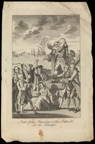 Lord North and the Earl of Mansfield stand on a platform addressing a group of distressed patriots beyond which ships of war sail and sink