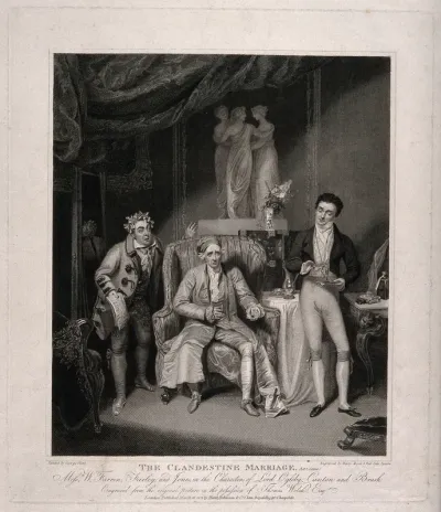 Lord Ogleby with Canton (a valet) and Brush in Colman and Garrick's The clandestine marriage