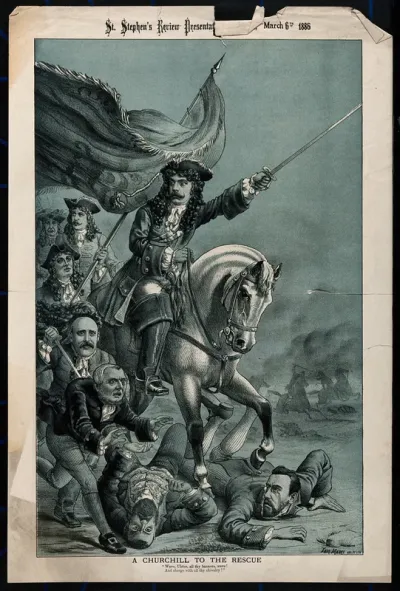Lord Randolph Churchill, on horseback as a Cavalier general, is leading an army of supporters and stamping on two opponents with his horse; representing Churchill's opposition to Home Rule for Ireland