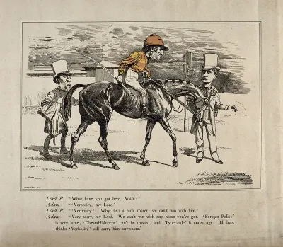 Lord Rosebery as a racehorse-owner conversing with his trainer (William Patrick Adam) about the prospects of a horse ridden by Gladstone, dressed as a jockey