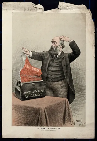 Lord Salisbury opens a briefcase representing the "Conservative programme" and finds inside a corset representing "Fair trade"