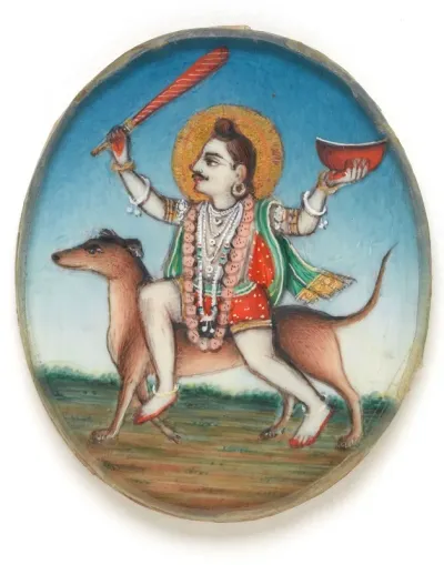 Lord Shiva as Bhairava, holding a club and a bowl, with his vehicle, a dog