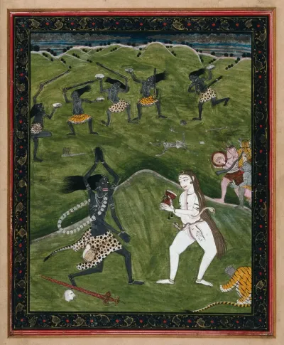 Lord Shiva, in one of his ferocious aspects, dancing with Parvati