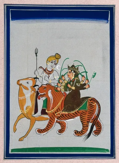 Lord Shiva on his vehicle, the bull Nandi, riding along with Durga on her vehicle, a tiger