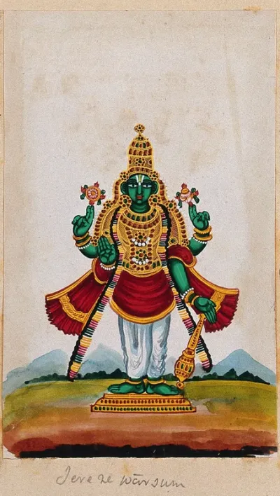 Lord Vishnu holding a discus, conch and a mace in each hand, with the fourth hand raised in a abhaya mudra