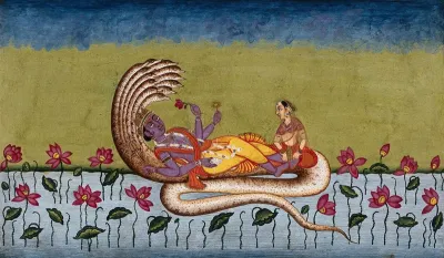 Lord Vishnu lying on the thousand-headed lord of the serpents, Anantha