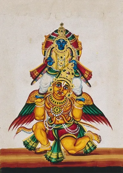 Lord Vishnu standing on the hands of Garuda, his vehicle