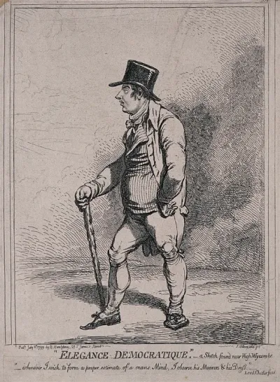 Lord Wycombe wearing a waistcoat, breeches and a top hat, carrying a stout cane in his hand