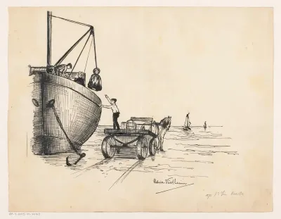 Lossend schip op een strand