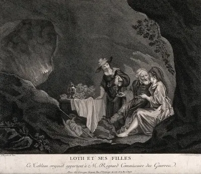 Lot and his daughters find rest and begin to drink; Lot stares into one of his daughters' eyes