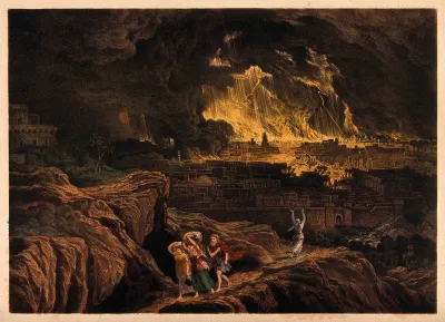 Lot and his family flee Sodom as it burns; Lot's wife faces the terrible scene, aghast