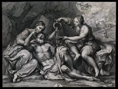 Lot, drunk, rests back into the arms of one of his daughters; the other one pours him more wine; in the background his wife watches Sodom burn