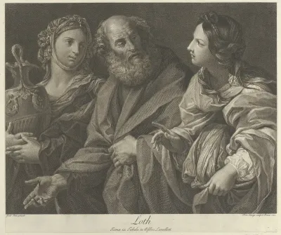 Lot flanked by his two daughters, one of them holding a decorated jug, after Reni