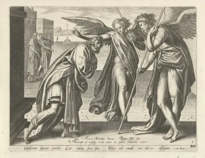 Lot ontmoet de twee engelen aan de poort van Sodom